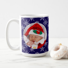 Custom Photo Santa Baby Snowflakes & Blue BKGRD Kaffemugg