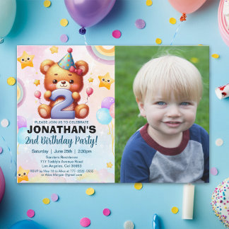 “Custom Photo Teddy Bear 2nd Birthday | Watercolor Inbjudningar