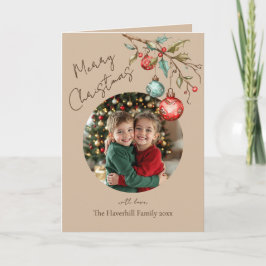 Custom Photo Watercolor Ornaments Beige Christmas Helgkort