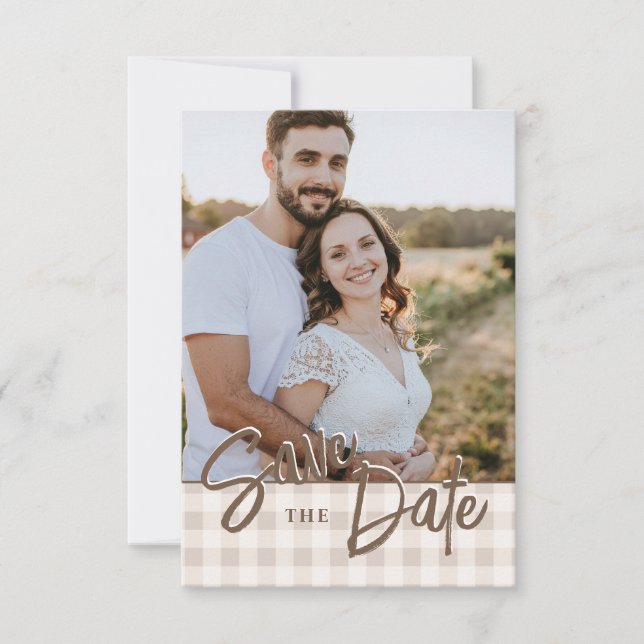 Custom Photo With Beige Gingham Save The Date Spara Datumet (Framsida)