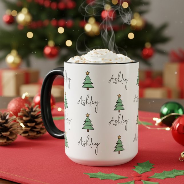 Custom Pine Tree Christmas Mug for Kids & Coworker Mugg (festive coffee lover · holiday mug favor · christmas hot chocolate mug · snow season mug ·)
