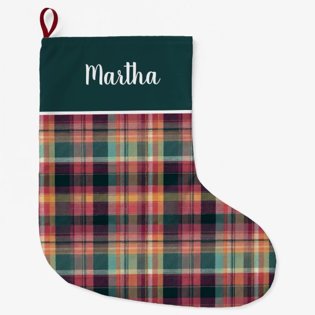 Custom Pink and Green Plaid Gingham Pattern  Stor Julstrumpa (Framsidan)