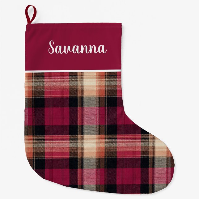 Custom Pink and Yellow Plaid Gingham Pattern  Stor Julstrumpa (Framsidan)