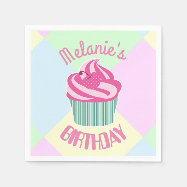 Custom Pink Birthday Cupcake Personalised Pappersservett (Framsidan)