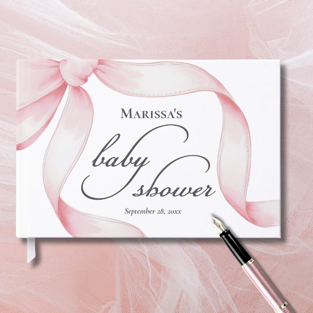 Custom Pink Bow Baby Shower Gästböcker (sweet girly coquette pink bow baby girl shower guest book with script calligraphy, custom name date)