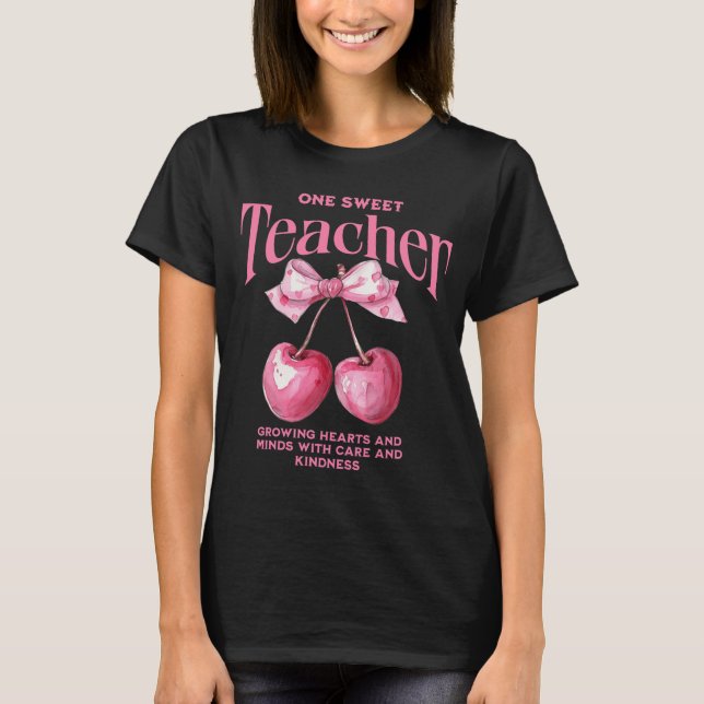 Custom Pink Bow Coquette Cherries Best Teacher   T Shirt (Framsida)