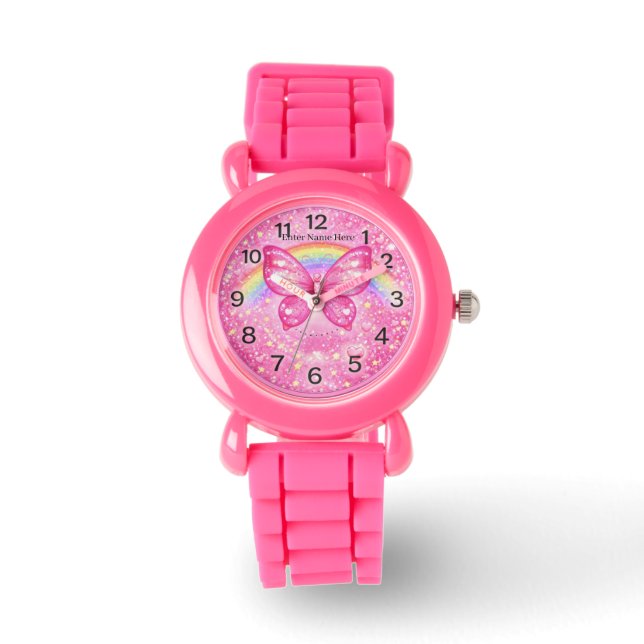 Custom Pink Butterfly Watch for Girls with Name Armbandsur (Framsida)