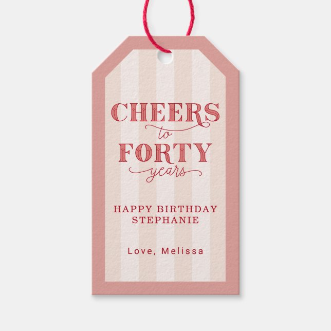 Custom Pink Cheers to Forty Years 40th Birthday Presentetikett (Framsidan)
