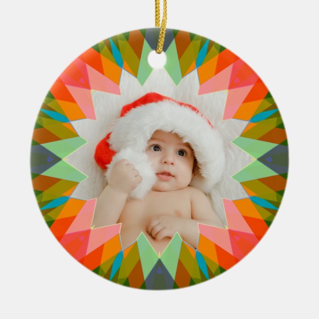 Custom Pink Green Christmas Star Photo Gift Tree Julgransprydnad Keramik (Framsidan)