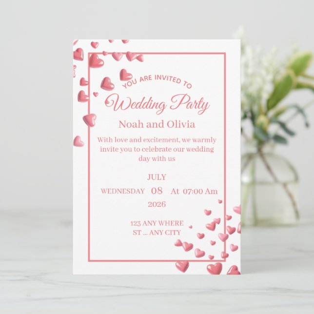 Custom Pink Heart Wedding Invitation Card Inbjudningar (Stående Fram)
