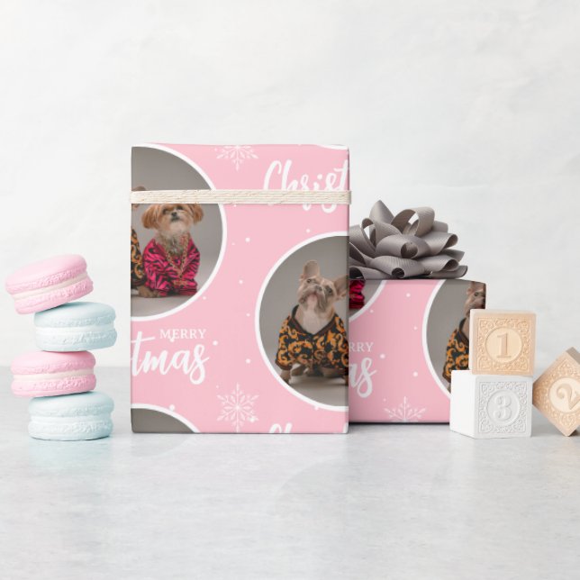 Custom Pink Merry Christmas One Circle Photo Presentpapper (Baby Shower)