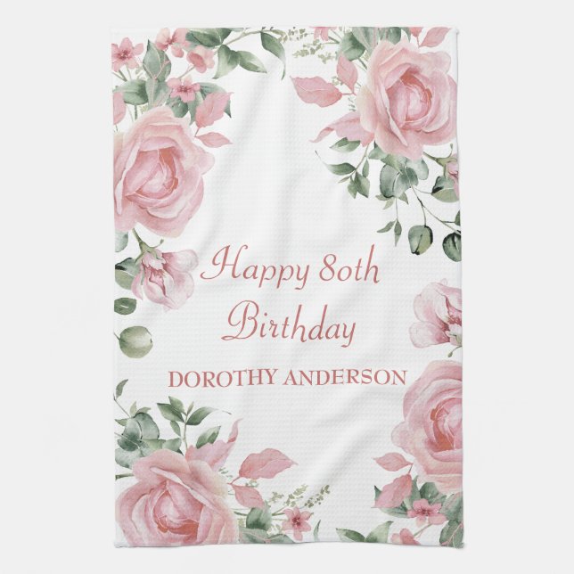 Custom Pink Rose Floral 80th Birthday Kökshandduk (Vertikal)