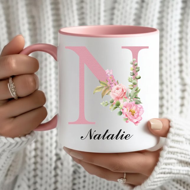 Custom Pink Rose Floral Monogram Mug Gift for Her Mugg (Personalized Floral Mug Christmas Gift for Her, Pink Rose Monogram Mug Bridal Shower Gift for Her)