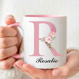 Custom Pink Roses Monogram Mug Gift for Mom, Women Mugg