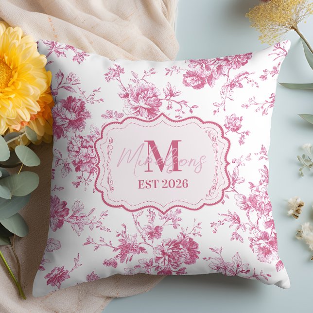 Custom Pink Toile Floral Monogram Kudde (Skapare uppladdad)