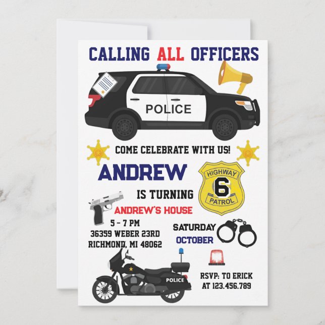 Custom Police Birthday party for kid  Inbjudningar (Framsida)
