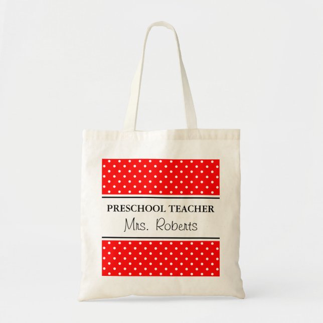 Custom pre school teacher tote bag | Red polka dot Tygkasse (Framsidan)