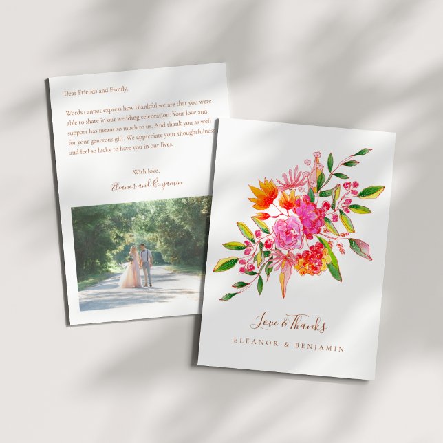 Custom Preprinted Pink Orange Floral Photo Wedding Tack Kort (Skapare uppladdad)