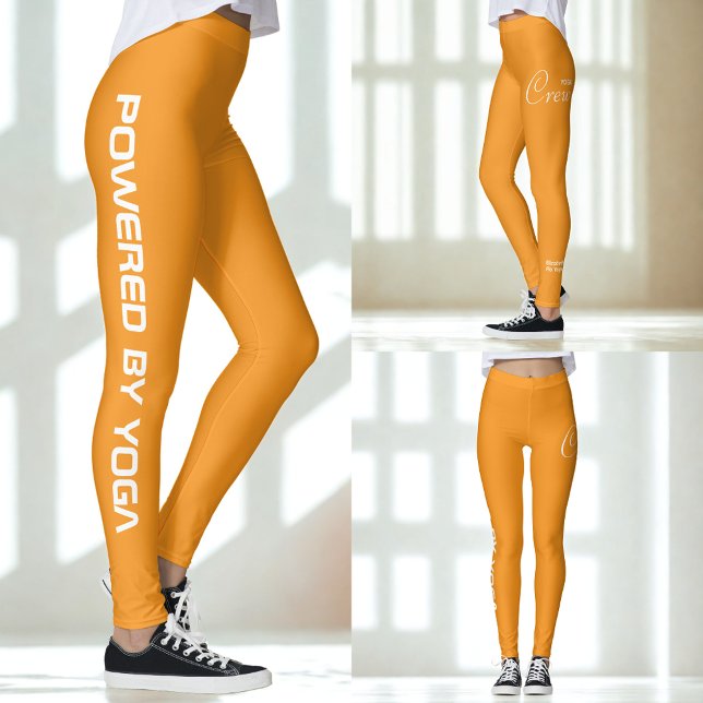 Custom Print Yoga Crew Bright Orange Leggings (Orange yoga leggings. 3 views.)