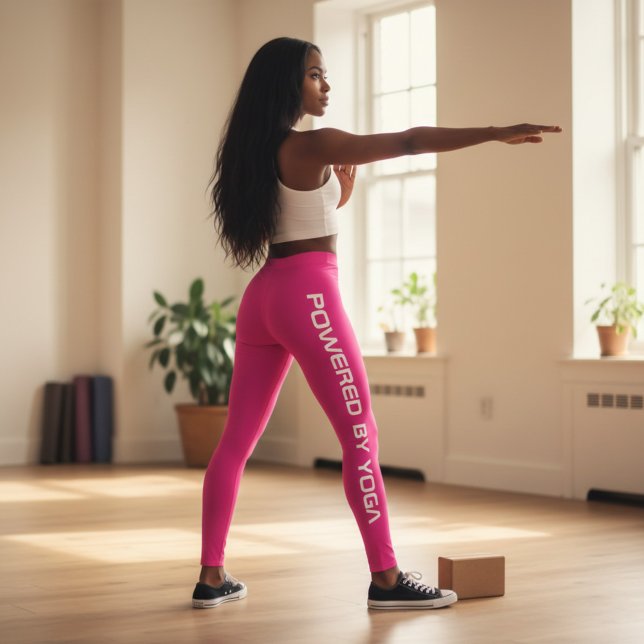 Custom Print Yoga Crew Dark Vibrant Pink Leggings (Woman wearing bright pink yoga leggings in a yoga studio)
