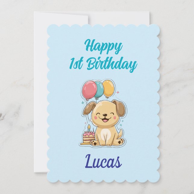 Custom Puppy 1st Birthday Card, Flat Greeting Card Kort (Framsida)