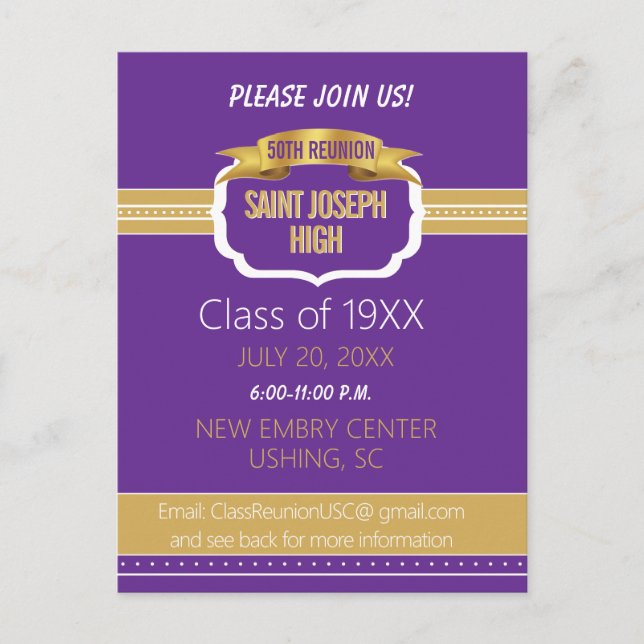 Custom Purple 50th Class Reunion Invite Vykort (Framsida)