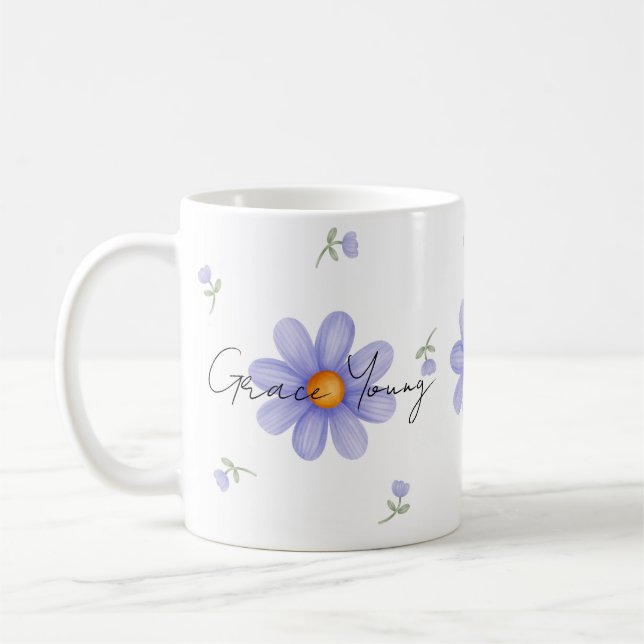 Custom Purple Daisy Name Floral Design Kaffemugg (Vänster)