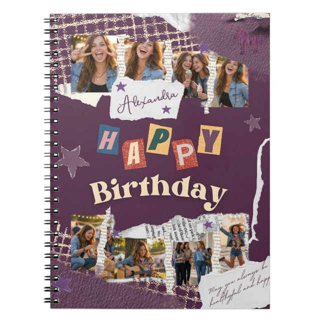 Custom Purple Scrapbook Birthday Photo Collage Anteckningsbok (Framsidan)