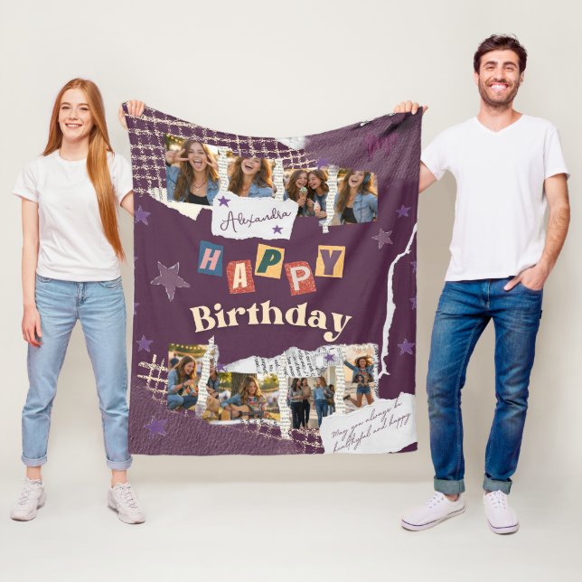 Custom Purple Scrapbook Birthday Photo Collage Fleecefilt (På plats)