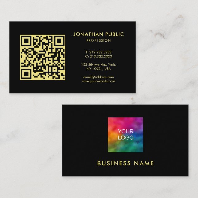 Custom QR Code Your Company Logo Black And Gold Visitkort (Fram/baksida)