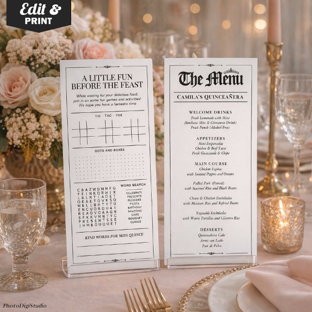 Custom Quinceañera Menu, Black White Interactive Meny (Custom Quinceañera Menu, Black White Interactive Menu)
