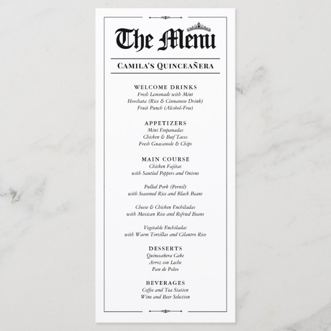Custom Quinceañera Menu, Black White Interactive Meny (Framsida)