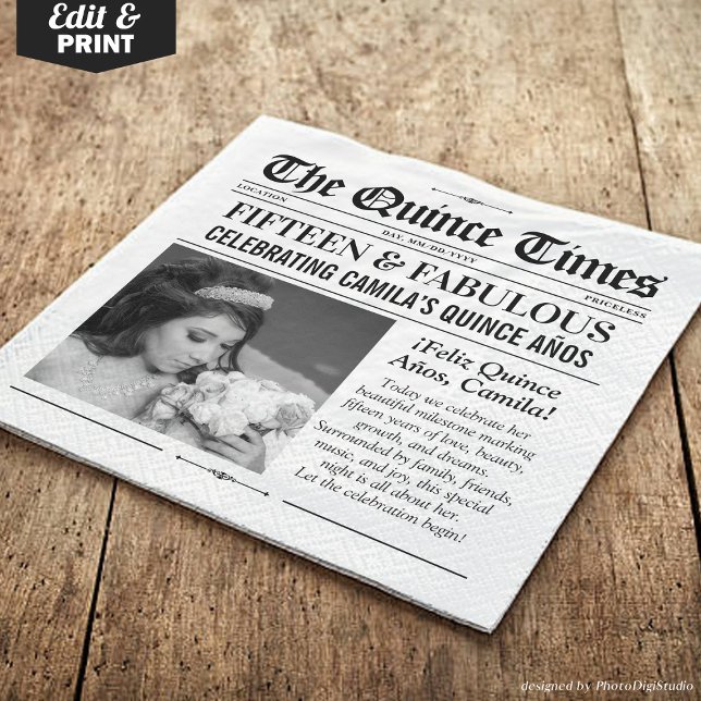 Custom Quinceañera Napkins, Miss Quince Newspaper Pappersservett (Custom Quinceañera Napkins, Miss Quince Newspaper Napkins)