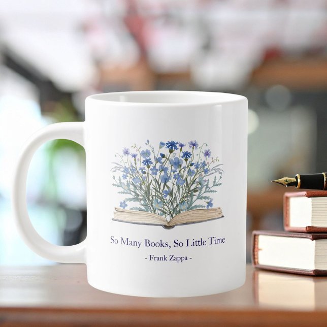 Custom Quote Blue Flowers Grow From Book Jumbo Mugg (In situ)