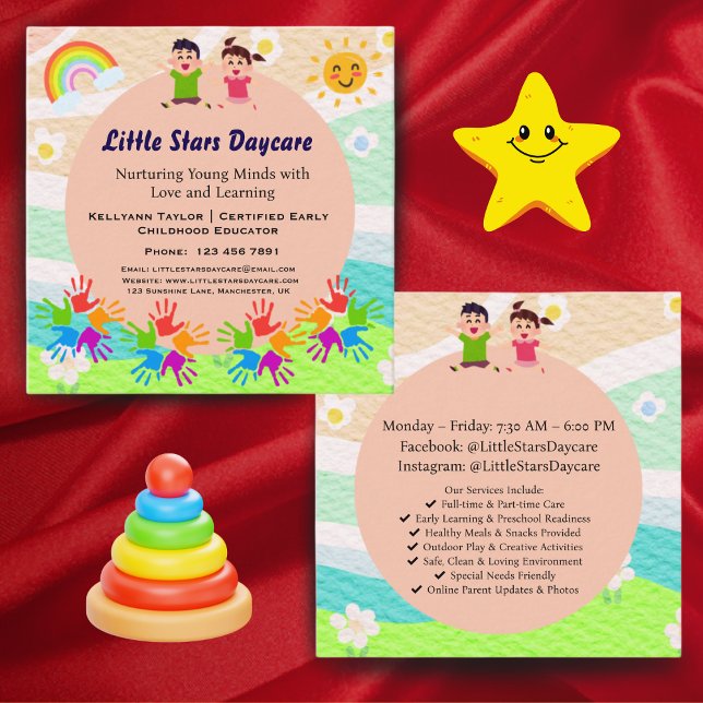 Custom Rainbow Handprint Sun Daycare Card Template Fyrkantigt Visitkort (Skapare uppladdad)