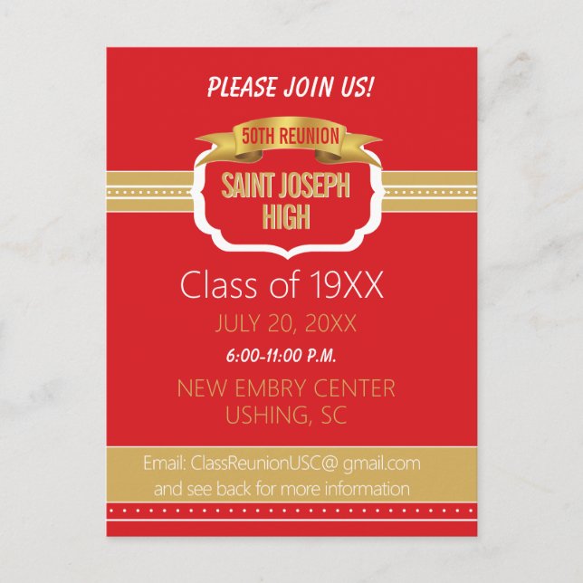 Custom Red 50th Class Reunion Invite Vykort (Framsida)