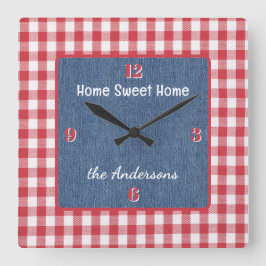 Custom, Red and White Check, Blue Denim Print Fyrkantig Klocka