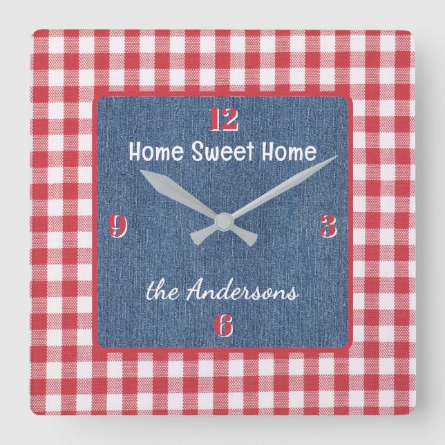 Custom, Red and White Check, Blue Denim Print Fyrkantig Klocka (Framsida)