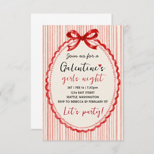 Custom Red Bow Galentines Party Invitation OSA Kort (Fram/baksida)
