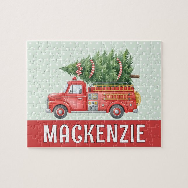 Custom Red Fire Christmas Tree Truck Firefighter  Pussel (Horisontell)