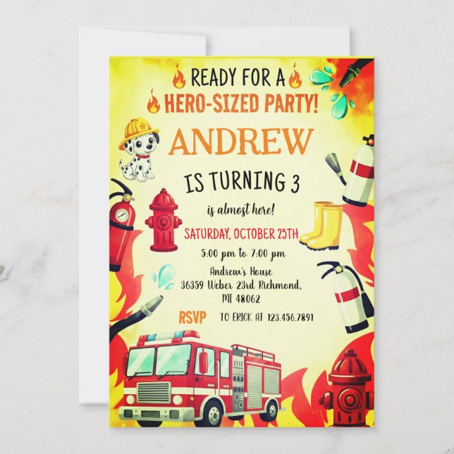 Custom Red Fire Truck Birthday Party Invitations Inbjudningar (Framsida)