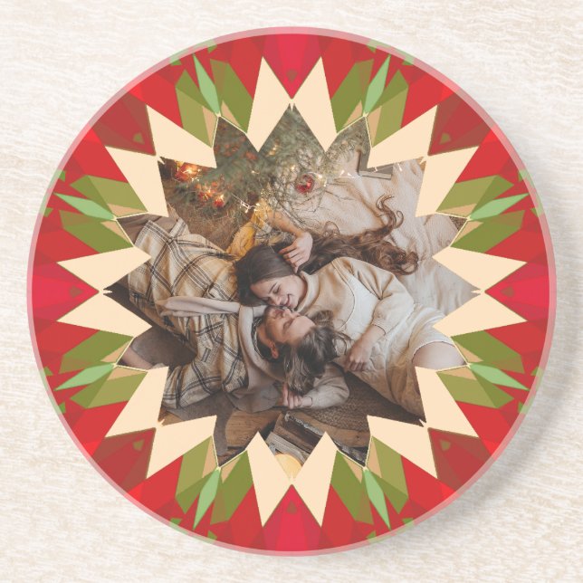 Custom Red Green Christmas Star Family Photo Gift Underlägg (Framsidan)