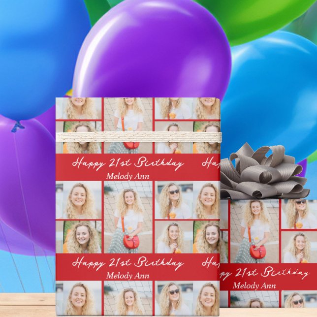Custom Red Happy Birthday Photo Collage Presentpapper (Skapare uppladdad)