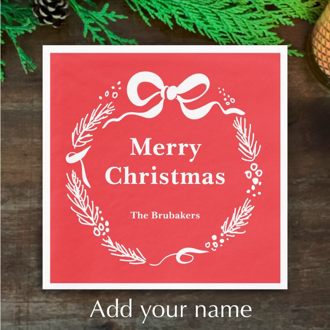 Custom Red Modern Hand Drawn Bow Merry Christmas Pappersservett (Personalize this festive red hand drawn pine and bow doodle Merry Christmas napkin. My original art.)