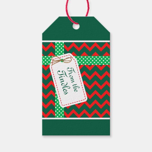 Custom Retro Faux Velvet Red Zig Zag Green Ribbon Presentetikett (Framsidan)