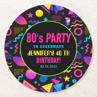 Custom Retro Neon 80’s Birthday – Fun Adult  Underlägg Papper Rund