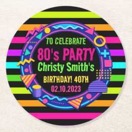 Custom Retro Neon 80’s Birthday Party Underlägg Papper Rund
