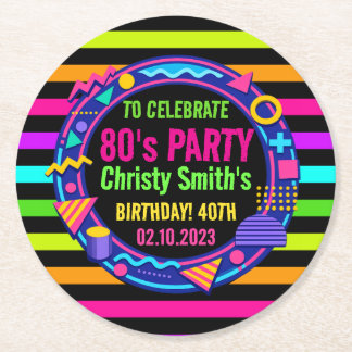 Custom Retro Neon 80’s Birthday Party Underlägg Papper Rund