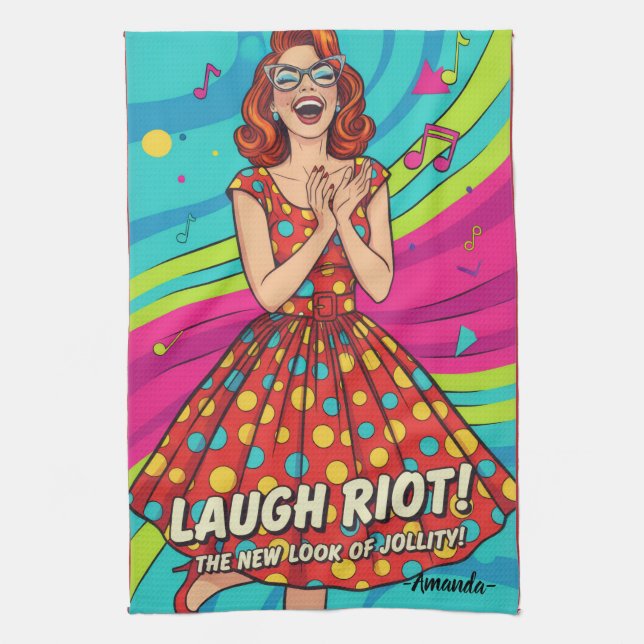 Custom retro painting laughing lady Jolly Red Kökshandduk (Vertikal)