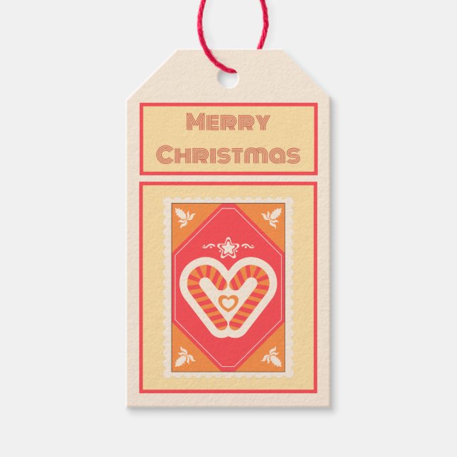 Custom Retro Paper Stamp with Candy Cane Heart Presentetikett (Framsidan)